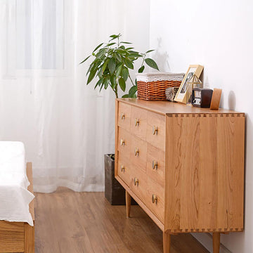 63" Natural Bedroom Dresser with 9 Drawers Wooden Chest of Drawers with Gold Knobs